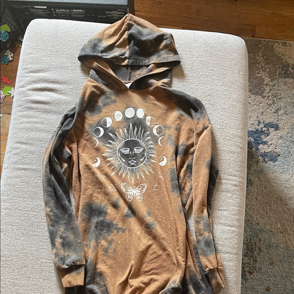 Tie-Dye Sun & Moon Graphic Hoodie Dress in Rust and Charcoal Y2K style